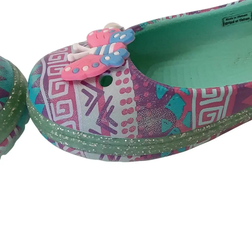 Crocs Genna II Ballet Flats Glitter Sparkle Slingback Dress Shoe Girls 11 Green